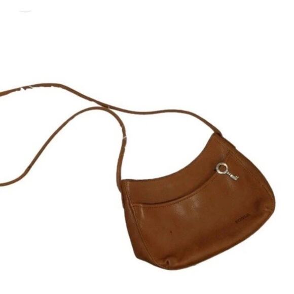 Fossil Handbags - FOSSIL Brown Leather Crossbody Bag Small Purse Handbag Key Fob Charm Shoulder
